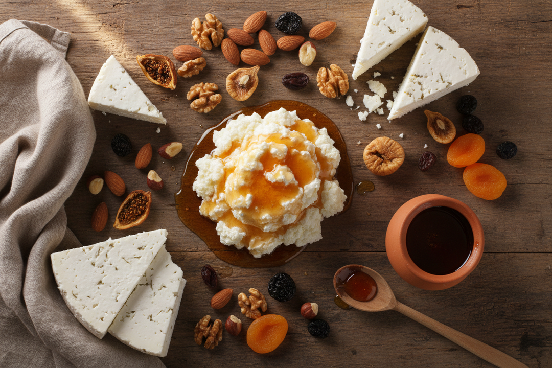 miele di carrubo con ricotta e frutta secca e formaggi di primo sale: posati su un tavolo di legno. Ambiente luminoso con le giuste ombre