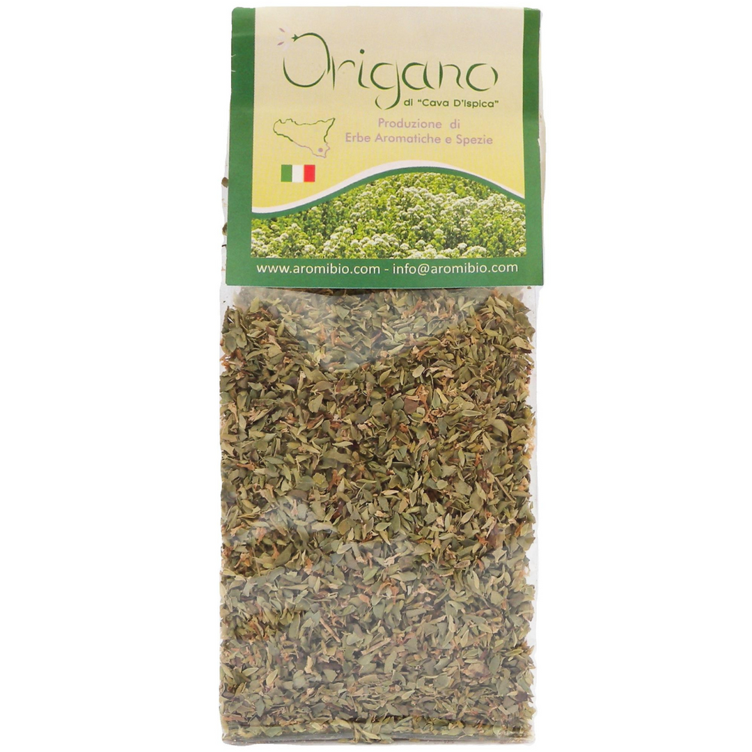 pacchetto trasparente visto frontalmente espone bene l'origano sbriciolato pronto all'uso. 